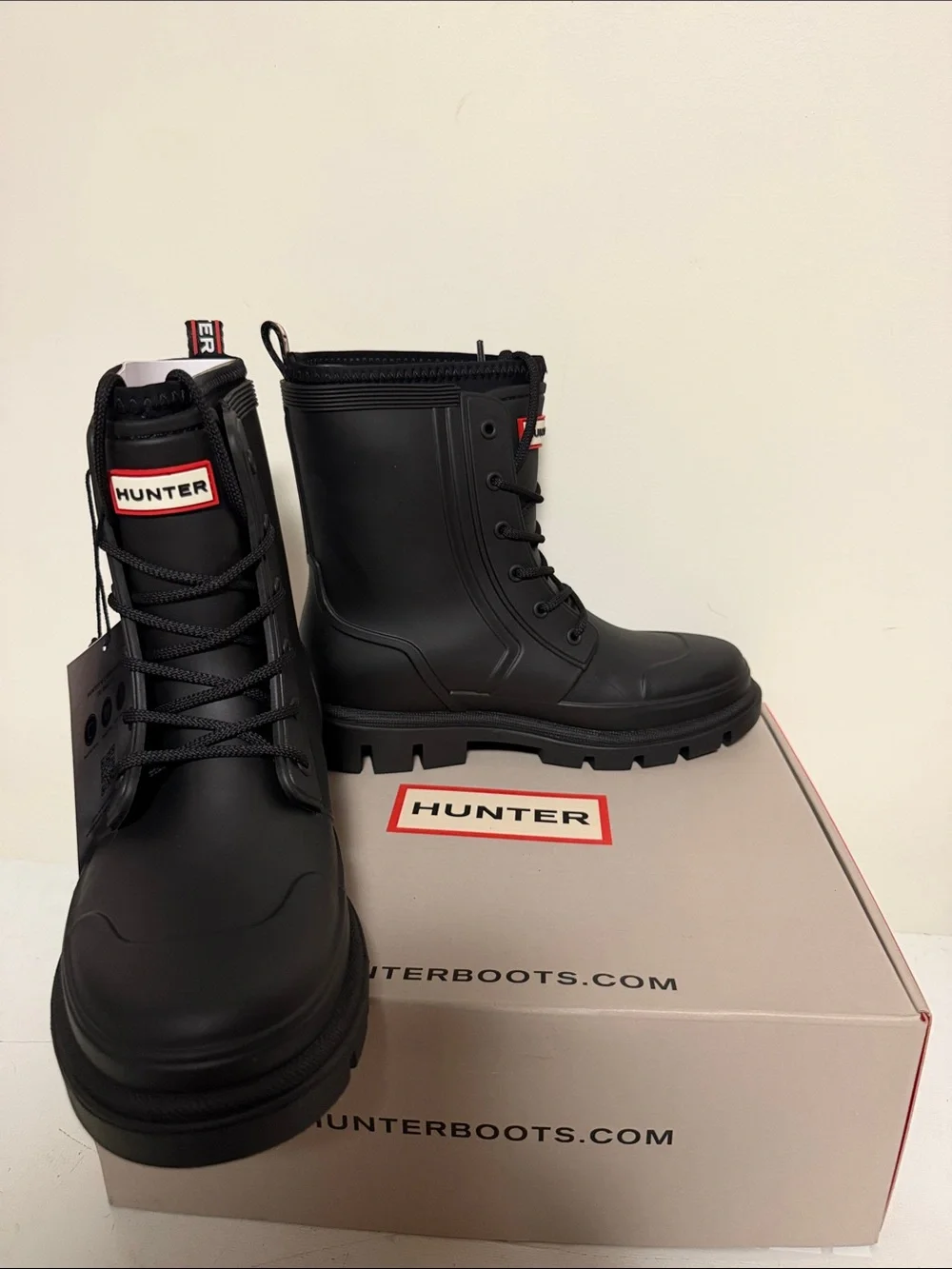 Hunter Big Kids Black Lace-Up Combat Rain Boots Size 5 Brand New